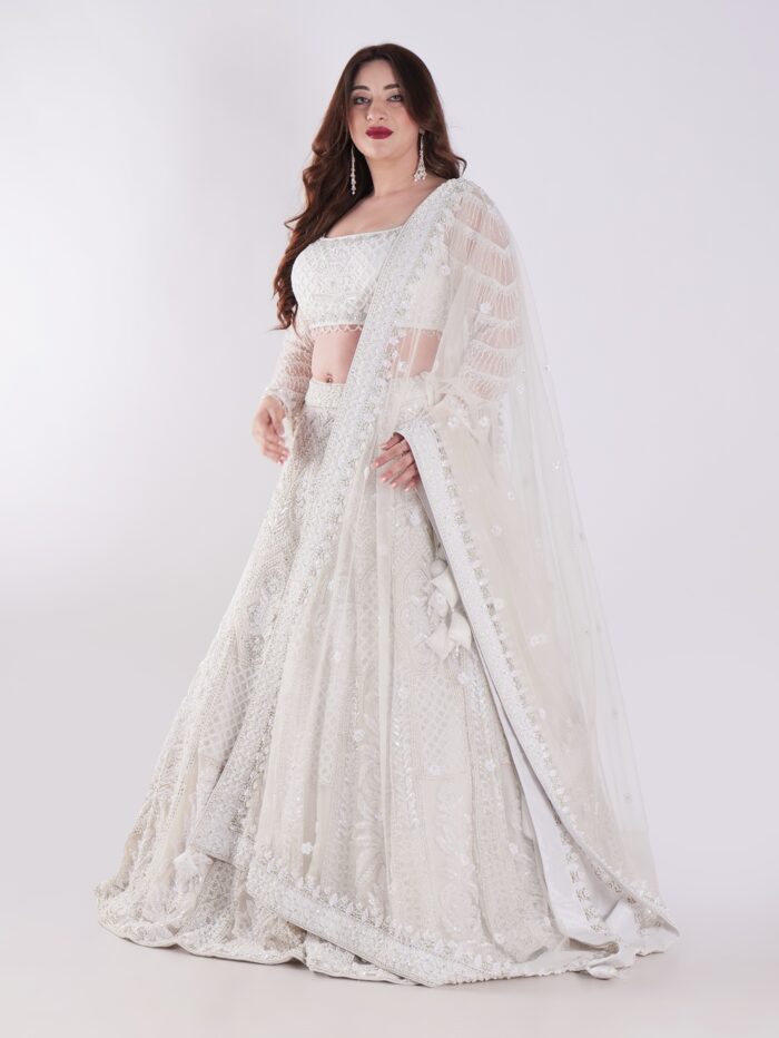 Delicate Floral Patterns And Sparkling Embellishments With Shimmering Effect Engagement Luxury Lehenga Set - Image 3
