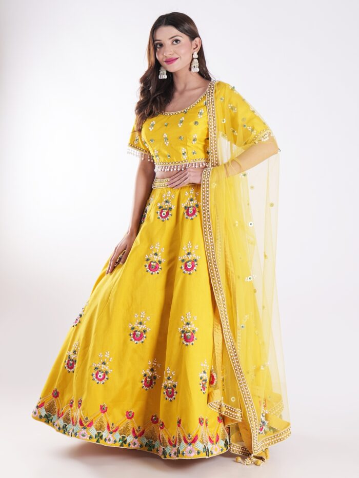 Vibrant Yellow Round Neckline And Short Sleeves Mehandi Designer Lehenga Set - Image 3