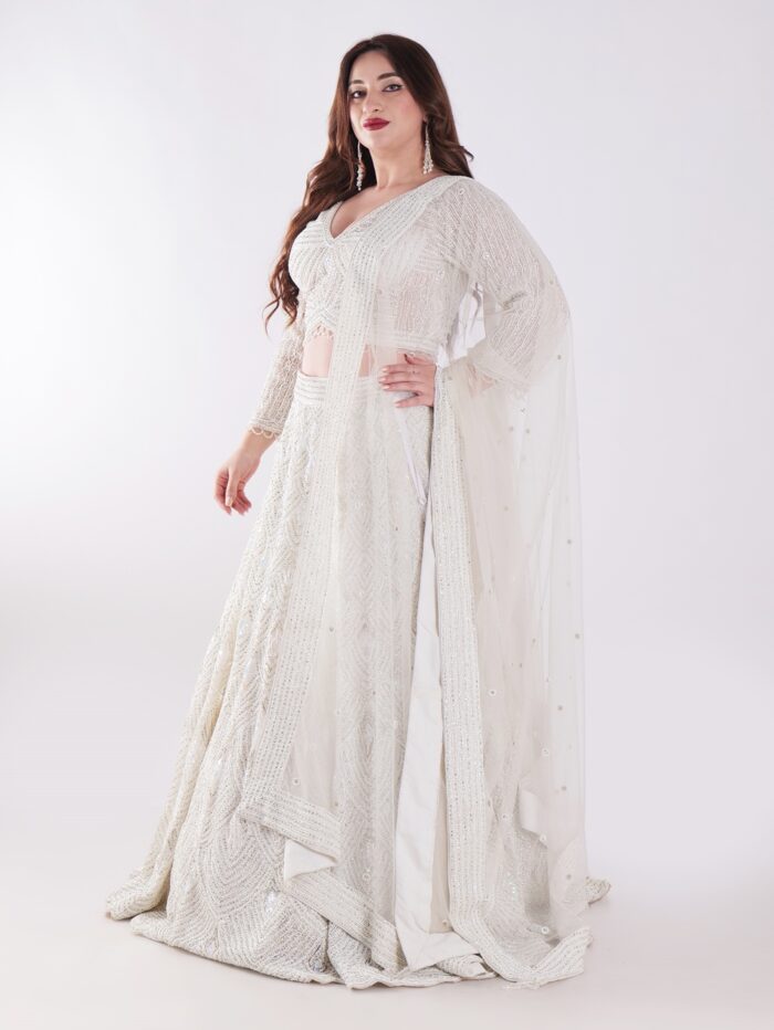 Net Embroidered White Intricately Beaded Party Wear Luxury Lehenga Set - Image 3
