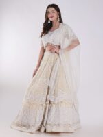 Net Embordered White and Cream Intricately Beaded Party Wear Luxury Lehenga Set - Image 3