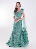 Teal Colored Cocktail Party Wear Fish Cut Style Lehenga Set - Image 3