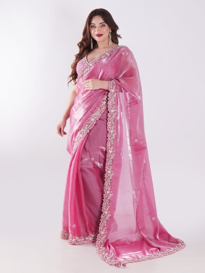 Beautiful Pink Saree With Intricate Silver Embroidery Party Wear Saree - Image 3