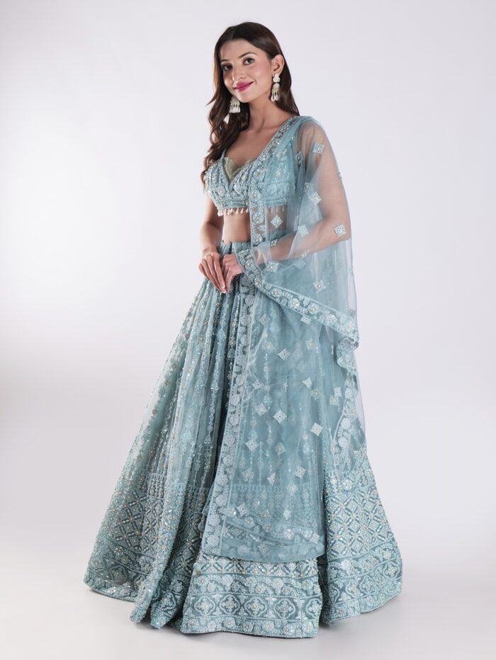 Beautiful Powder Blue Embroidered Party Wear Lehenga Set - Image 3