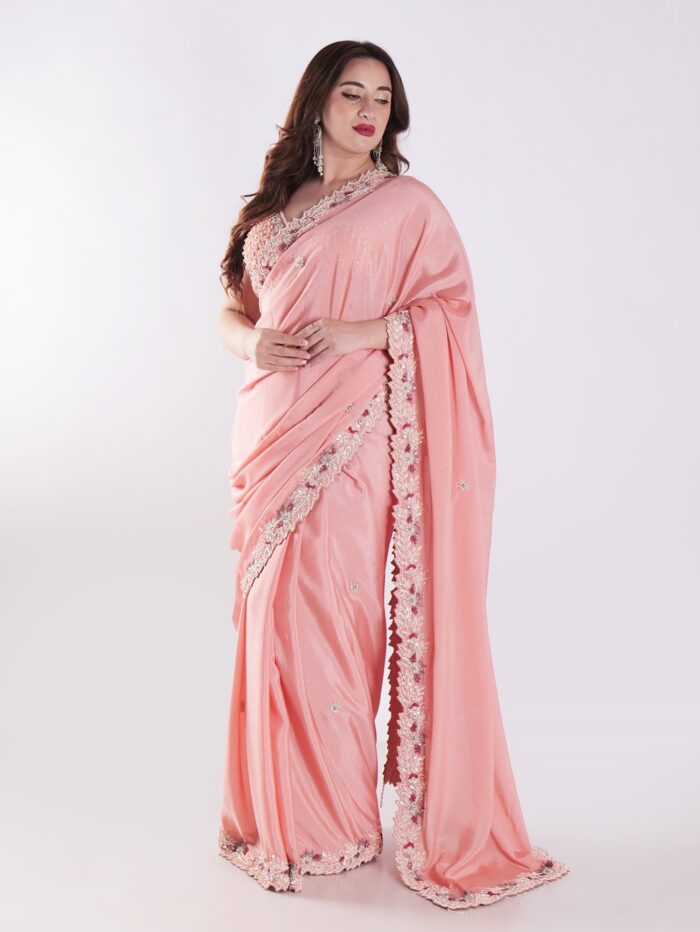 Peach Colored Party Wear Saree With Intricate Sleeveless Blouse - Image 3