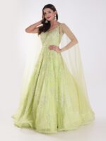 A Beautiful Light Green With Delicate Embroidery And Embellishment Cocktail Party Wear Gown - Image 3