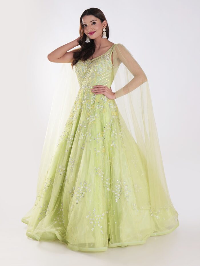 A Beautiful Light Green With Delicate Embroidery And Embellishment Cocktail Party Wear Gown - Image 3