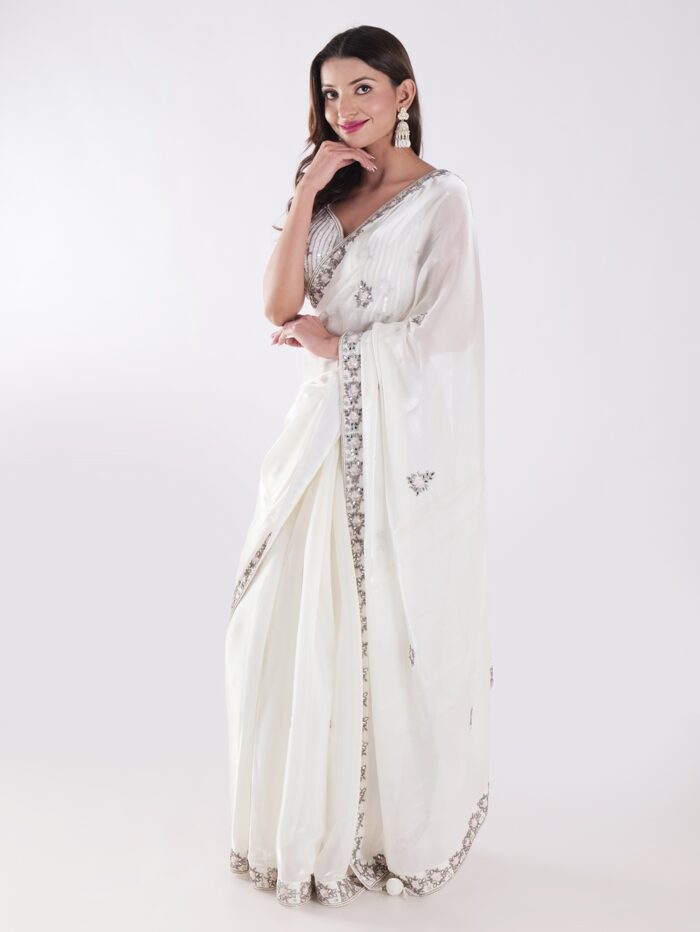 White Party Wear Saree With Silver Embroidery - Image 3