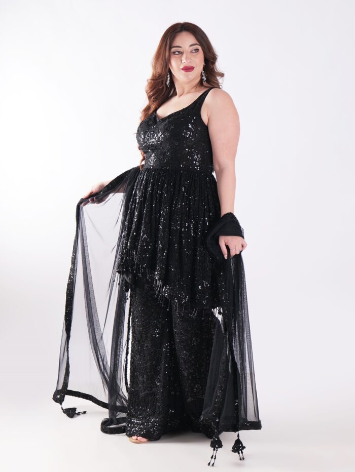 Black Sequined Outfit Peplum Top With Bell Bottom Sharara Suit - Image 3