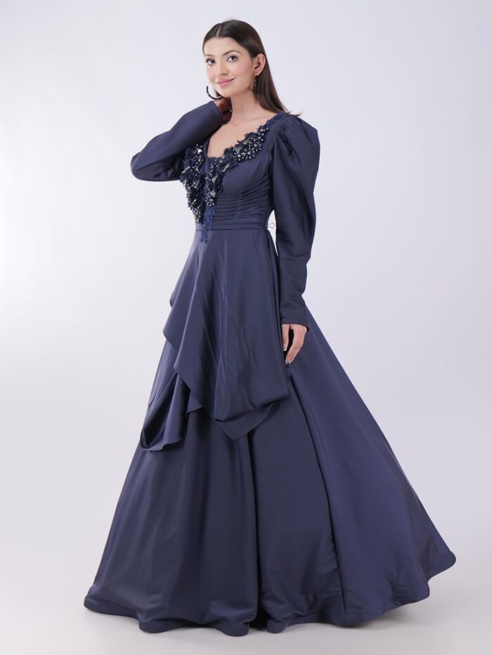 Elegant Navy Blue Gown with Embellished Neckline Luxury For Grand Occasions - Image 3