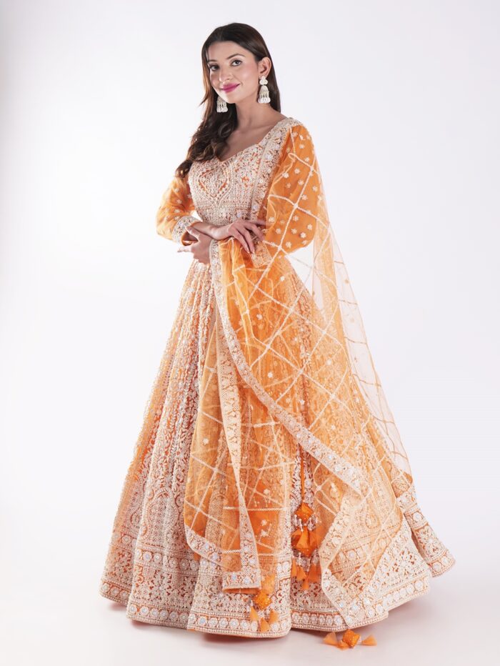 Beautiful Orange And White Designer Lehenga Choli Set - Image 3