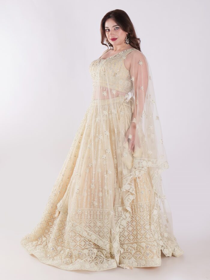 Cream Colored Intricately Embroidered Designer Lehenga Choli Set - Image 3
