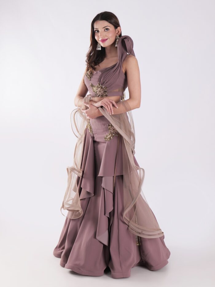 Sleeveless Crop Top With Intricate Gold Embroidery Skirt Cocktail Indowestern Lehenga Set - Image 3