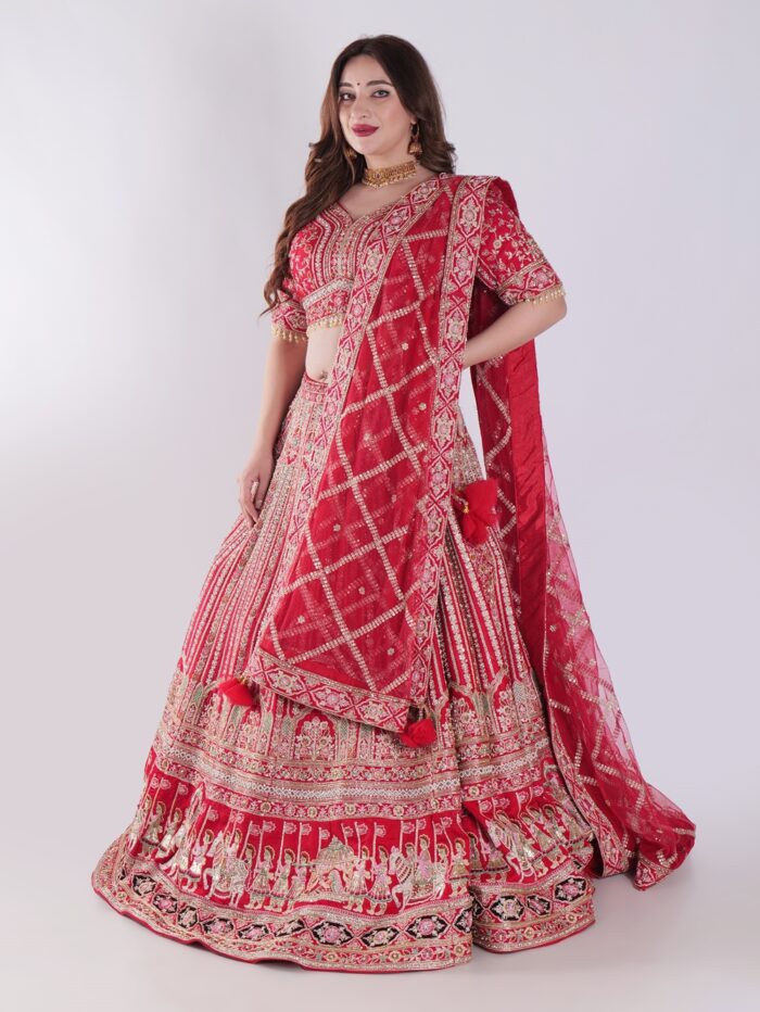 Heavily Embellished With Sequins And Pearls Crimson Red Embroidered Silk Exclusive Bridal Lehenga Set - Image 3