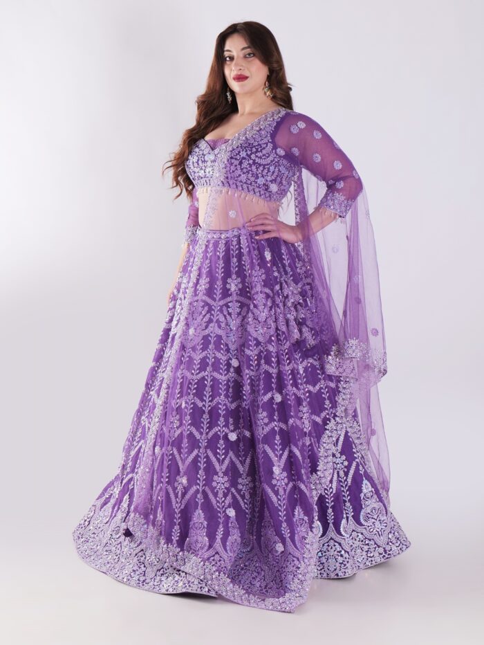 Stunning Lavender Purple Embroidered Net Lehenga Choli Set - Image 3