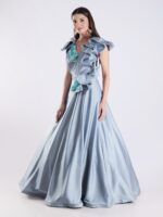 Elegant Sky Blue Designer Gown with Ruffle Detailing and Floral Embellishments - Image 3