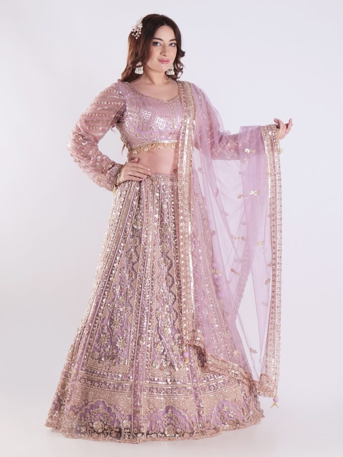 Adorned With Intricate Embroidery And Sequins Light Lavender Bridal Wedding Lehenga Set - Image 3