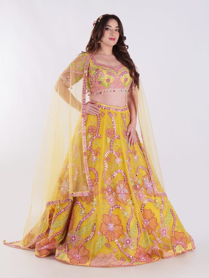 Radiate Sunshine In Style Yellow Floral Embroidered Mirror Work Lehenga Choli Set - Image 3
