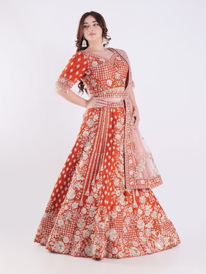 Vibrant Orange Adorned In A Stunning Traditional Indian Bridal Outfit Engagement Luxury Lehenga Set - Image 3