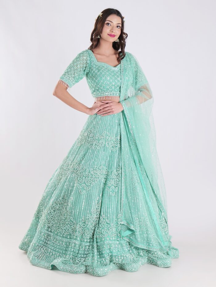 Stunning Mint Green Intricate Embroidery With Silver Sequins And Beads Shimmering Effect Bridal Lehenga Set - Image 4