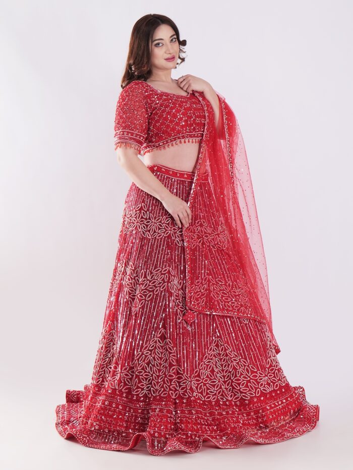 Stunning Red and Silver Intricate Embroidery With Silver Sequins And Beads Shimmering Effect Bridal Lehenga Set - Image 4