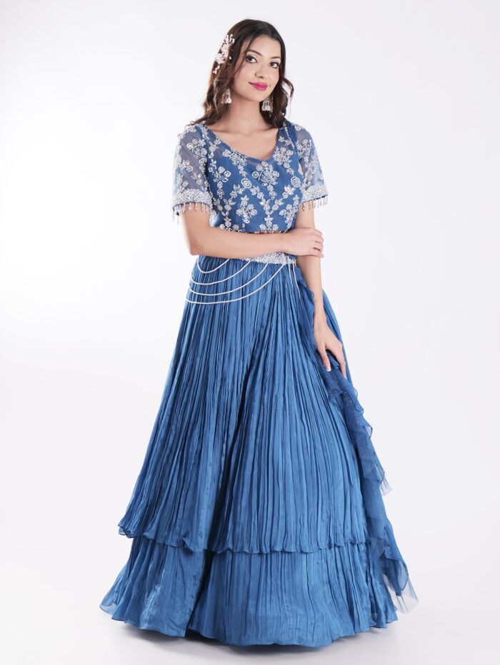 Beautiful Blue Outfit Adorned With Intricate Silver Embroidered  Indo Western Lehenga Set - Image 4
