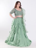Sage Green With Intricate Silver And Emerald Green Embellishments Ruffled Lehenga Set - Image 4