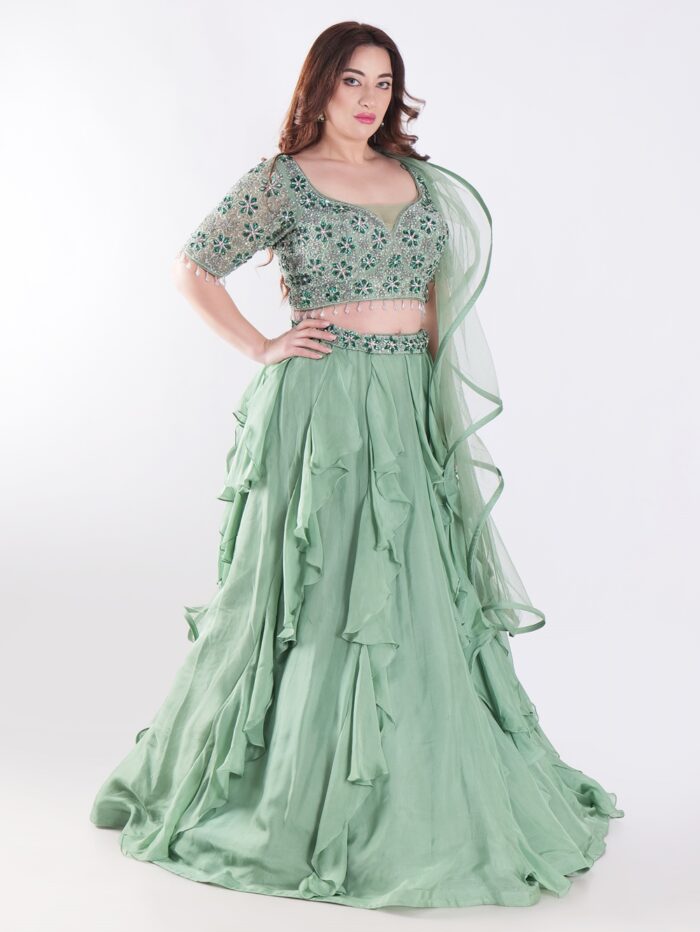Sage Green With Intricate Silver And Emerald Green Embellishments Ruffled Lehenga Set - Image 4
