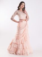 Beautiful Peach Colored Embroidered Crop Top Outfit Ruffle Drape Lehenga Set - Image 4