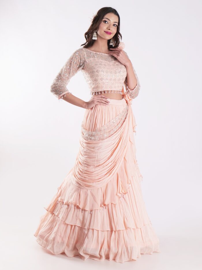 Beautiful Peach Colored Embroidered Crop Top Outfit Ruffle Drape Lehenga Set - Image 4