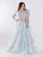 Beautiful Light Blue Flowing With A Delicate Embellished Bodice Indowestern Lehenga Choli Set - Image 4