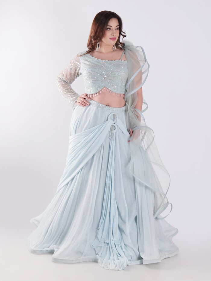 Beautiful Light Blue Flowing With A Delicate Embellished Bodice Indowestern Lehenga Choli Set - Image 4