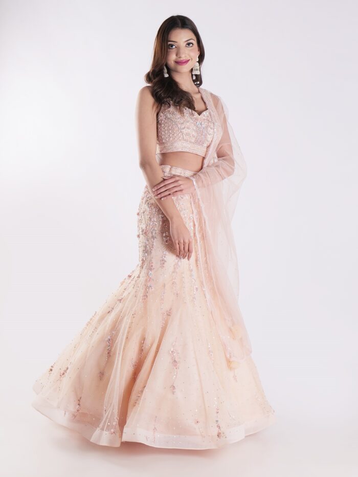 Elevate Your Ethnic Wardrobe With Our Peach Colored Cocktail Fish Cut Style Lehenga Set - Image 4