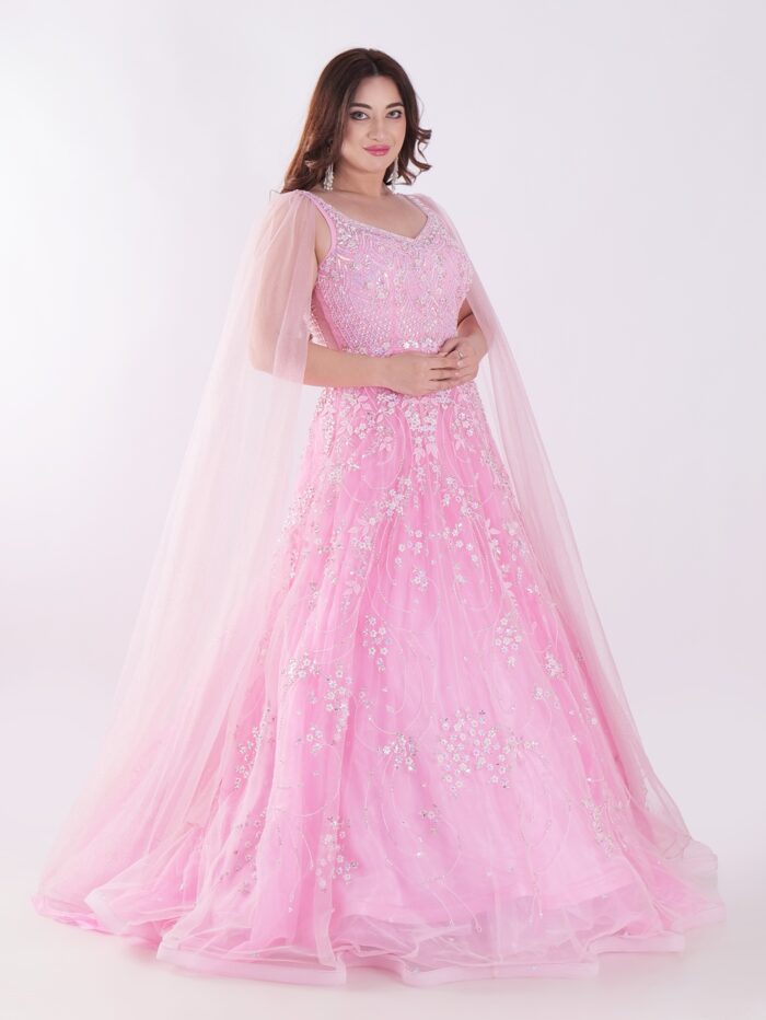 Delicate Floral Pattern And Shimmering Embellishments Pink Color Party Wear Gown - Image 4
