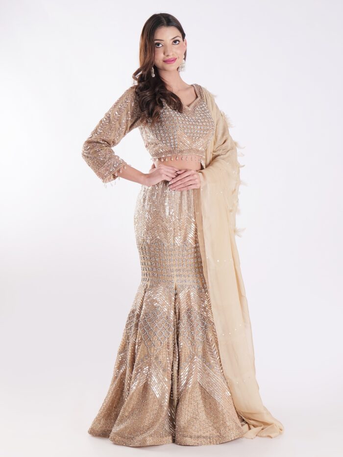 Sparkling Gold And Silver Outfit Covered In Sequins And Beads Cocktail Fish Cut Lehenga Set - Image 4