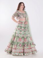 Stunning Green Traditional South Asian Outfit Intricate Floral Embroidery In Shades Of Pink Party Wear Lehenga Choli - Image 4