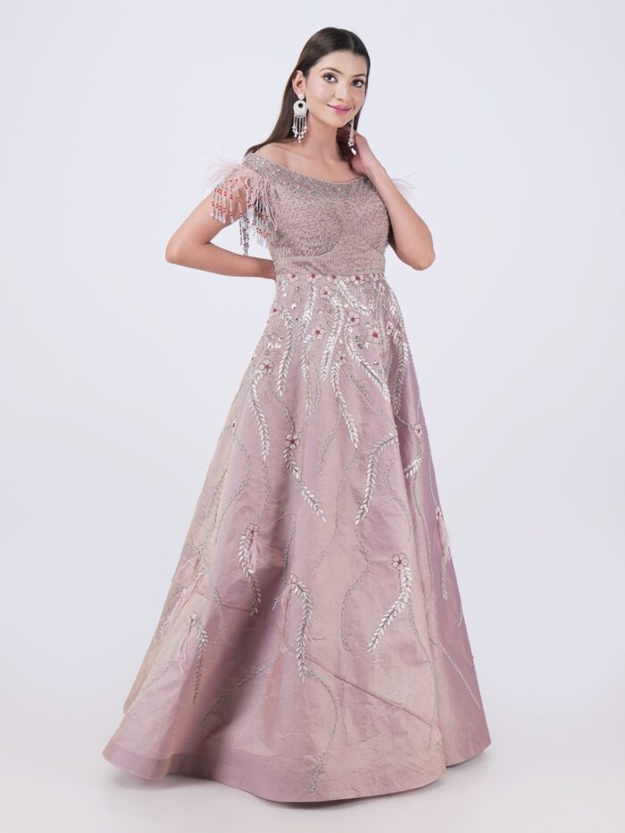 Step Into The Spotlight With This Stunning Elegant Dusty Rose Embellished Off Shoulder Gown - Image 4