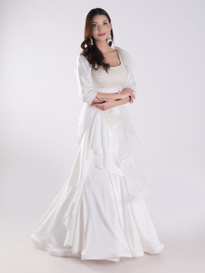 White Flowing Intricate Layers Of Ruffles Dramatic And Elegant Silhouette Cocktail Lehenga Set - Image 4