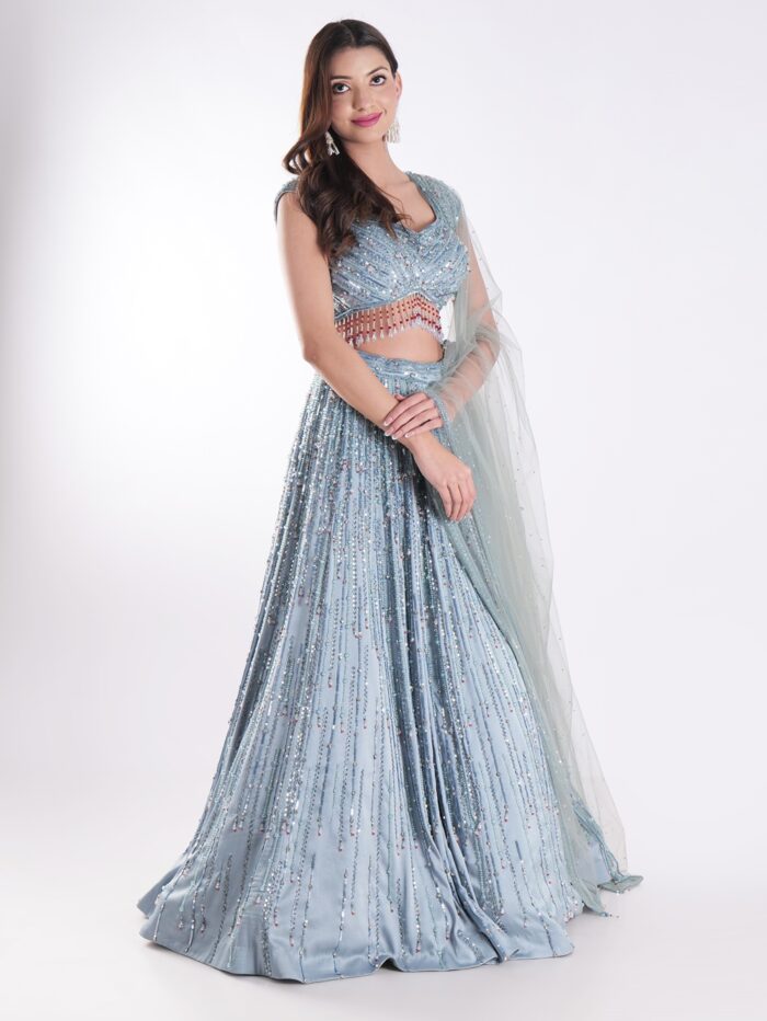 Stunning Blue And Silver Sequined Shimmering Effect Backless Party Wear Lehenga Set - Image 4