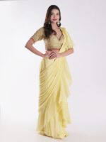 Vibrant Yellow Saree With A Ruffled Design And Golden Embellished Blouse With A Plunging Neckline - Image 4