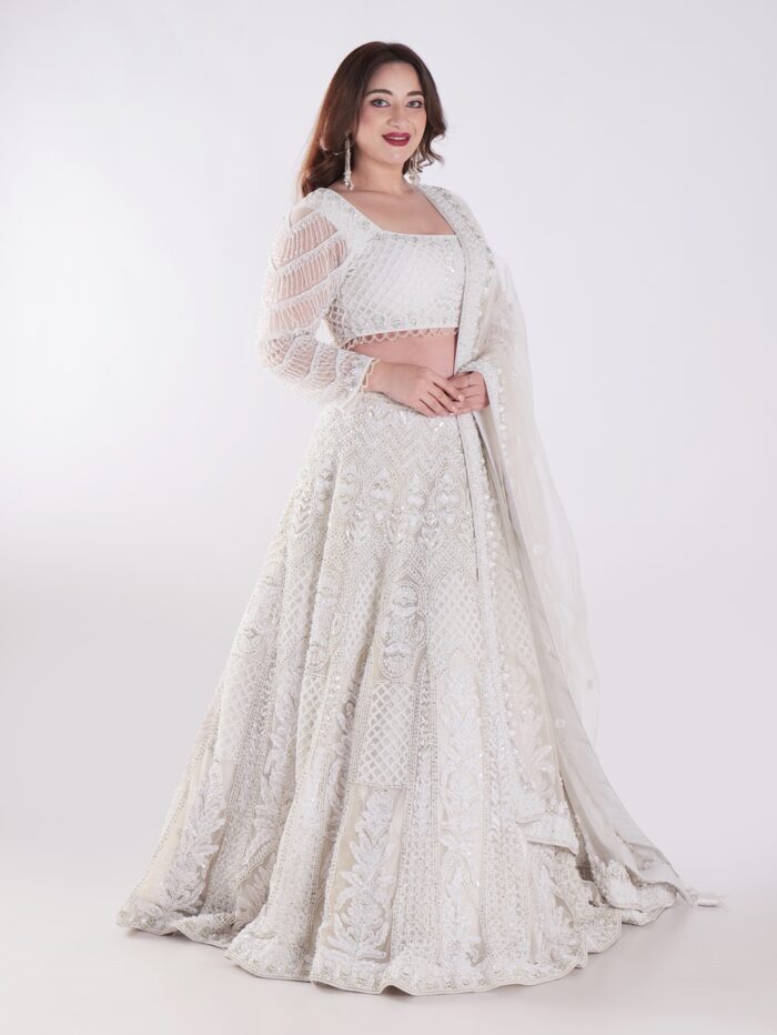 Delicate Floral Patterns And Sparkling Embellishments With Shimmering Effect Engagement Luxury Lehenga Set - Image 4