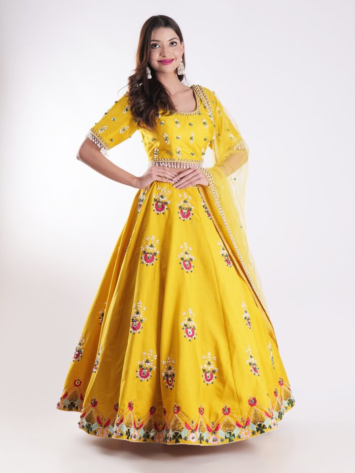 Vibrant Yellow Round Neckline And Short Sleeves Mehandi Designer Lehenga Set - Image 4