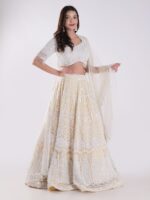 Net Embordered White and Cream Intricately Beaded Party Wear Luxury Lehenga Set - Image 4