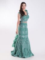 Teal Colored Cocktail Party Wear Fish Cut Style Lehenga Set - Image 4
