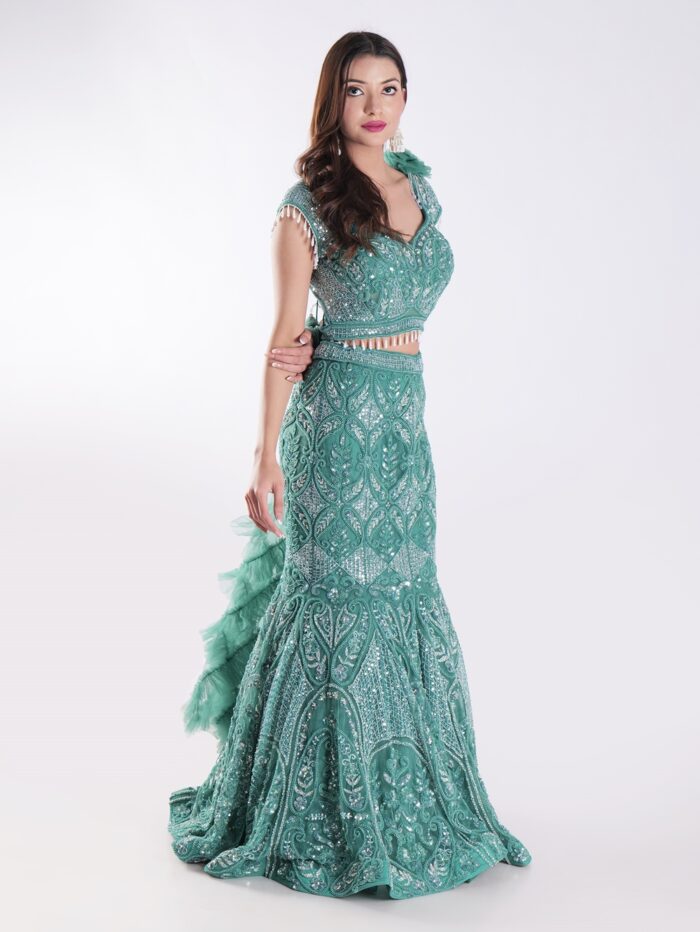 Teal Colored Cocktail Party Wear Fish Cut Style Lehenga Set - Image 4