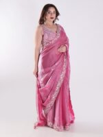 Beautiful Pink Saree With Intricate Silver Embroidery Party Wear Saree - Image 4