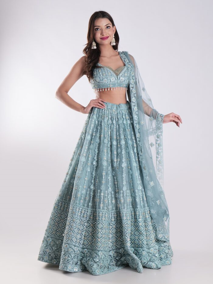 Beautiful Powder Blue Embroidered Party Wear Lehenga Set - Image 4