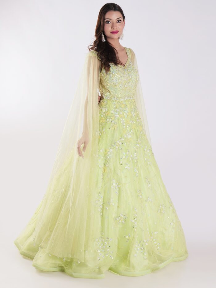 A Beautiful Light Green With Delicate Embroidery And Embellishment Cocktail Party Wear Gown - Image 4