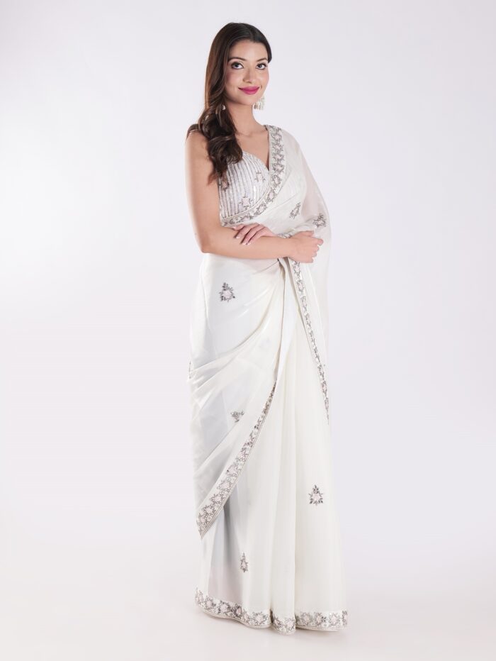 White Party Wear Saree With Silver Embroidery - Image 4