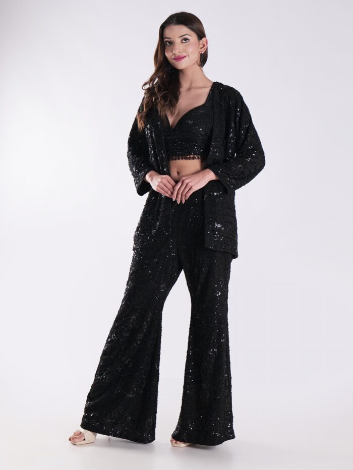 Sequined Crop Top With A Plunging Neckline Shrug Top Bell Bottom Suits - Image 4