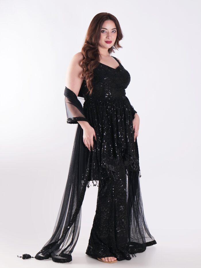 Black Sequined Outfit Peplum Top With Bell Bottom Sharara Suit - Image 4